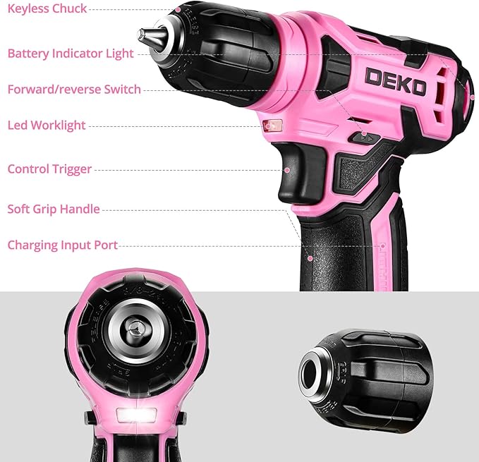 DEKOPRO 8V Cordless Drill, Drill Set with 3/8"Keyless Chuck, 42pcs Acessories, Built-in LED, Type-C Charge Cable, Pink Power Drill for Drilling and Tightening/Loosening Screws