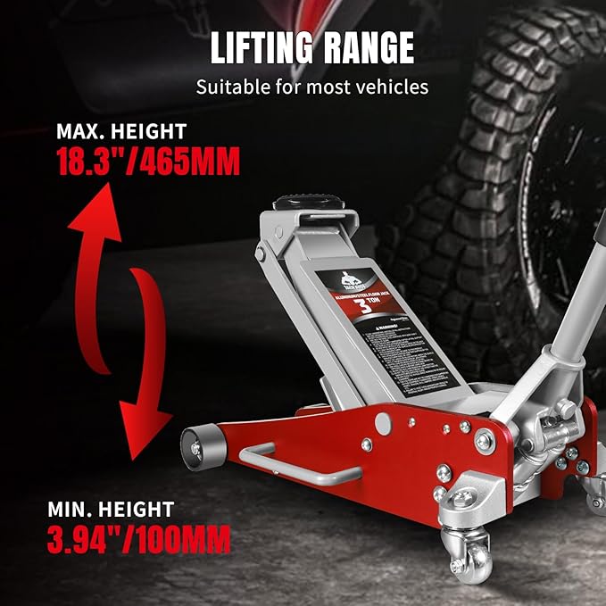 3 Ton Low Profile, Aluminum and Steel Racing Floor Jack with Dual Pistons Quick Lift Pump for Sport Utility Vehicle, Lifting Range 3-15/16" min to 18-5/16" max, Red