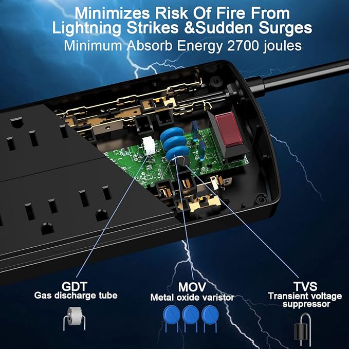 Surge Protector Power Strip - Nuetsa Flat Plug Extension Cord with 8 Outlets and 4 USB Ports, 15 Feet Power Cord (1625W/13A), 2700 Joules, ETL Listed, Black