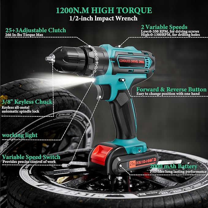 21V Cordless Drill with 2-Battery and Charger, Electric drill Set, Power Drill Cordless with 3/8 Inch Keyless Chuck, 25+ 3 Clutch,Work Light, Max torque 45Nm, 2-Variable Speed