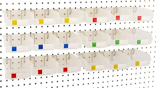 Pegboard Bins – 18 Pack Clear - Hooks to Any Peg Board - Organize Hardware, Accessories, Attachments, Workbench, Garage Storage, Craft Room, Tool Shed, Hobby Supplies, Small Parts