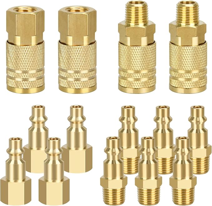 Air Coupler and Plug Kit, 14pcs Air Coupler and Plug Kit, 1/4 Inch NPT Industrial Brass Air Hose Fittings, Quick Connector Air Fittings for Automotive and Home (14pcs Coupler and Plug Kit)
