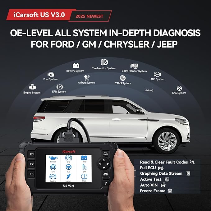 iCarsoft US V3.0 for GM/Ford/Chrysler/Jeep Bi-Directional Scan Tool, Full System Diagnostic Code Reader Scanner, 37 Reset Functions, AUTOVIN, Full OBD2, Lifetime Free Update- 2025