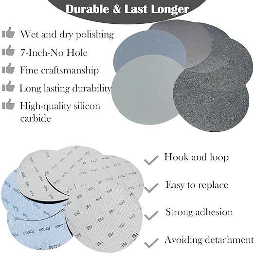 30 PCS 7 Inch Hook-and-Loop Sanding Silicon Carbide Discs Sandpaper - 5 pcs Each of 80 120 240 400 1000 and 2000 Grits Wet/Dry Sander Paper for Random Orbit Sander