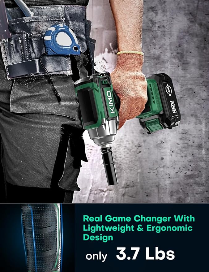 KIMO Impact Wrench 1/2 Cordless,550N.m/406ft-lbs Max Torque & 3000RPM, 2x20V 3.0Ah Battery, Impact Gun with 7 Drive Impact Sockets, 3 Inch Extension Bar, 1 Hour Fast Charger Impact Drill for Car Tires