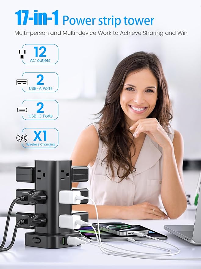 Tower Power Strip with 15W Wireless Charger, 10FT Flat Plug Extension Cord with Multiple Outlets, 12 AC Outlets, 4 USB Ports (2 USB C) Charging Station Surge Protector for Office Home Dorm Room(Black)