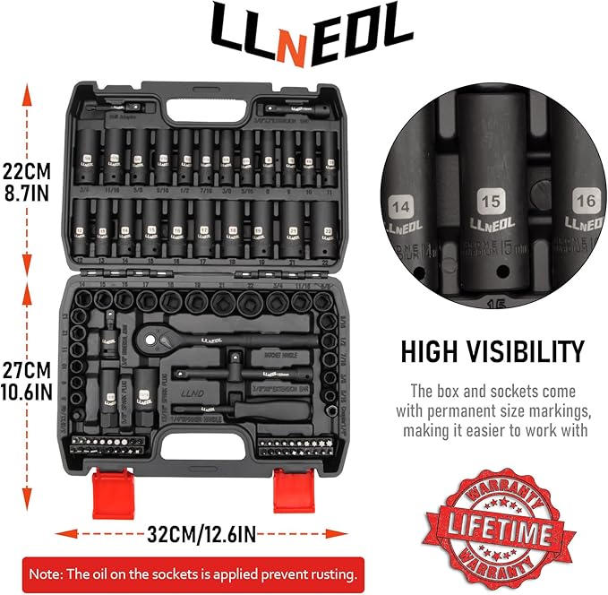Impact Socket Set 3/8 Drive,95Pcs Deep&Shallow Socket Wrench Set,6 Point Metric&Standard Full |5/16"-3/4",8-22mm| with Spark Plug Socket,72T Ratchet Handle, Screwdriver Set for Automotive&Home