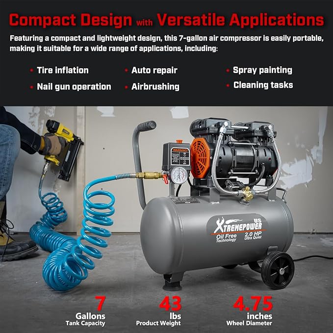 XtremepowerUS 2HP Ultra Quiet Air Compressor Tank Oil-Free Steel 60 dB Tank 7 Gallon, 4.9 CFM at 116 PSI, Ideal For Shop, Garage, Nail Gun, Pneumatic