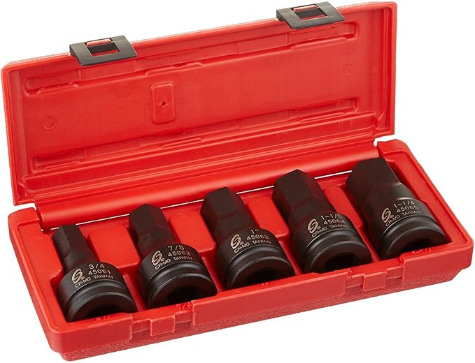 SUNEX TOOLS 4506, 3/4 Inch Drive Impact Hex Driver Set, 5-Pieces, SAE, 3/4" - 1-1/4", Cr-Mo Steel, Solid One Piece Construction, Dual Size Markings, Heavy Duty Storage Case