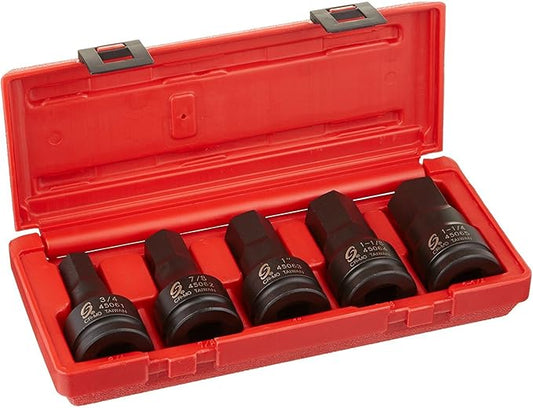 SUNEX TOOLS 4506, 3/4 Inch Drive Impact Hex Driver Set, 5-Pieces, SAE, 3/4" - 1-1/4", Cr-Mo Steel, Solid One Piece Construction, Dual Size Markings, Heavy Duty Storage Case