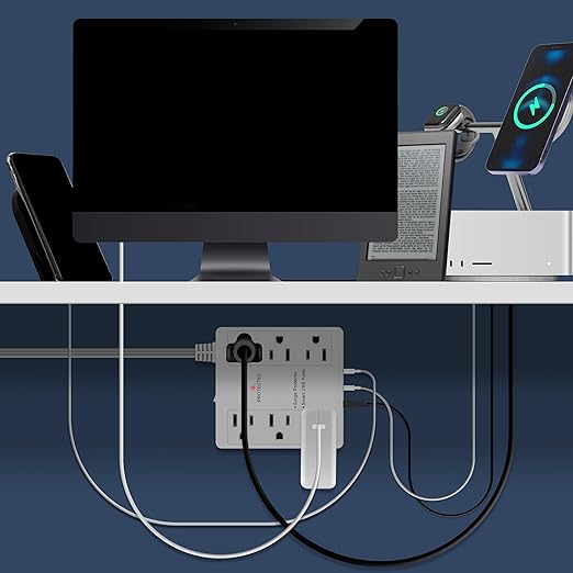 LIDER Outlet Extender with 6 Receptacles, USB Type-A and 2 USB Type-C, Ultra-Thin Flat-Plug with Cord Extender, 6-Outlet Power Strip, Slim Angled Design, Surge Protector, 480 Joules, 5ft Cord, White