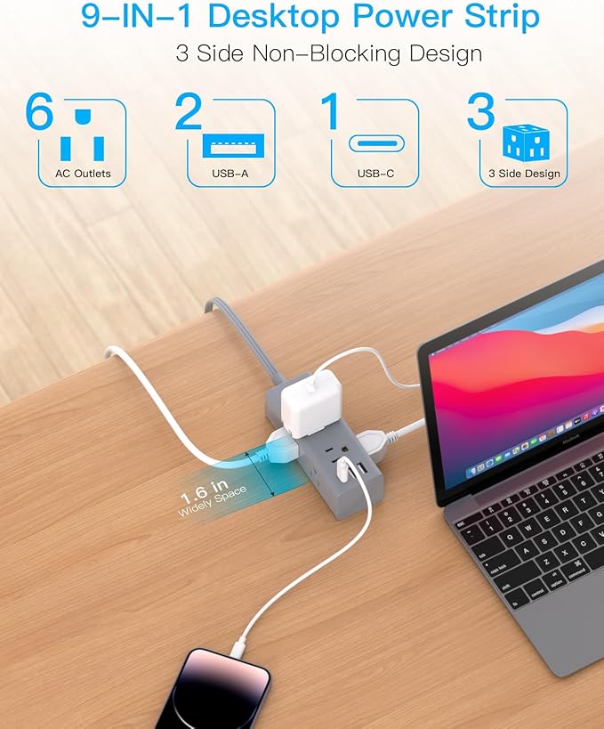 5Ft Extension Cord with Multiple Outlets, Flat Plug Power Strip Surge Protector with 5 Ft Long Cord, 6 Outlet 3 USB Ports (1 USB C), Multi Outlet Wall Plug for Travel, Dorm Room Essentials-Grey