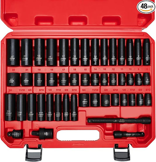 AMM 3/8" Drive Impact Socket Set, 48-Piece Standard SAE (5/16 to 3/4 inch) and Metric (8-22mm) Size, 3" and 6" Drive Extension Bar, Impact Universal Joint, 3/8" to 1/2" Impact Adaptor, CR-V