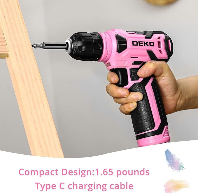 DEKOPRO 8V Cordless Drill, Drill Set with 3/8"Keyless Chuck, 42pcs Acessories, Built-in LED, Type-C Charge Cable, Pink Power Drill for Drilling and Tightening/Loosening Screws