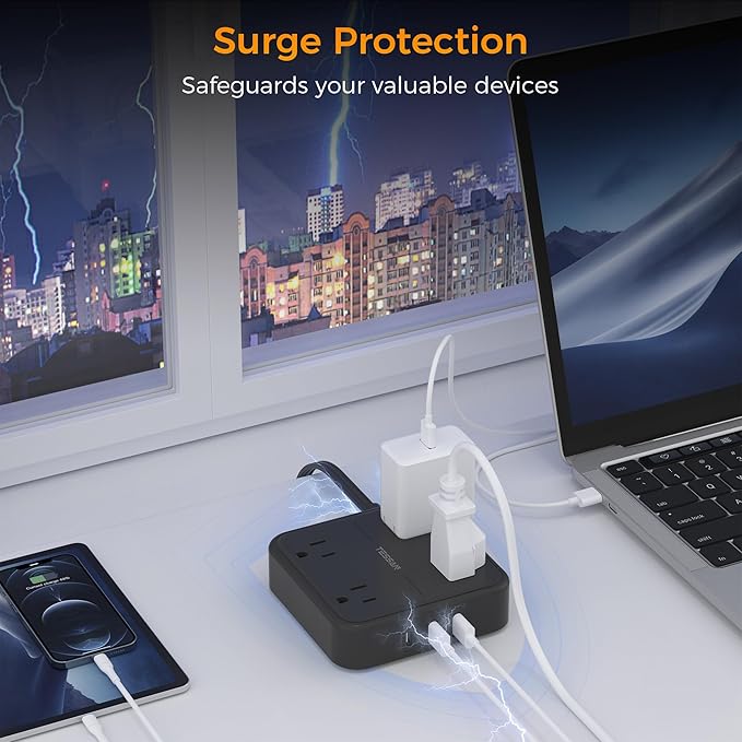 Black Flat Extension Cord 10 FT, TESSAN Power Strip 10 Feet with 4 Widely Outlets 3 USB Wall Charger (1 USB C), Ultra Thin Long Extension Cord Mountable for Indoor, Office, Dorm Essentials