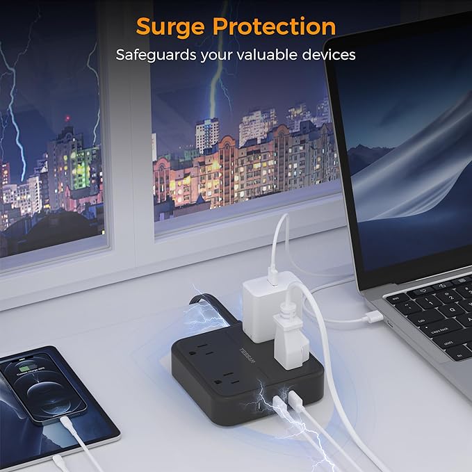 Black Flat Plug Power Strip with 3 USB Ports (1 USB C), TESSAN 4 AC Outlets Surge Protector Extension Cord, 5 FT Small Desk Charging Station with Surge Protection, for Dorm Essentials, Office, Travel