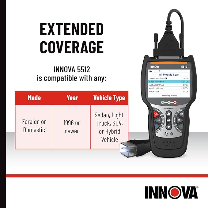 Innova 5512 OBD2 Scanner, ABS Brake Bleeding, Transmission Temp, TPMS, OBD1 Adapters Included, Repair App
