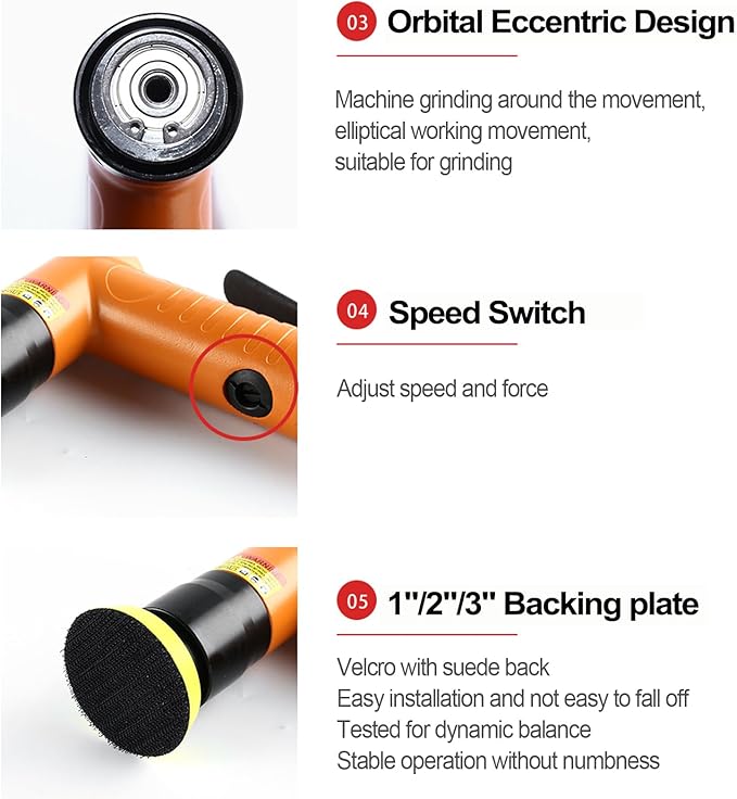 Upgrade Mini Air Angle Sander with 1'' 2'' 3'' Pads Random Orbital Air Sander 22000RPM, Mini Pneumatic Polisher for Auto Body Work Headlight Polishing Paint Cleaning with 30pcs Roll Lock Discs
