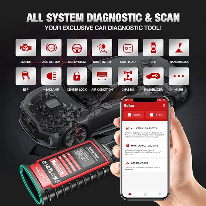 KINGBOLEN Ediag Plus Bluetooth Scanner, All System Bidirectional Control OBD2 Diagnostic Scanner for iOS & Android with ECU Coding, CAN-FD Protocol, Auto VIN, 15+ Rest Functions, 1 Year Gratis Update