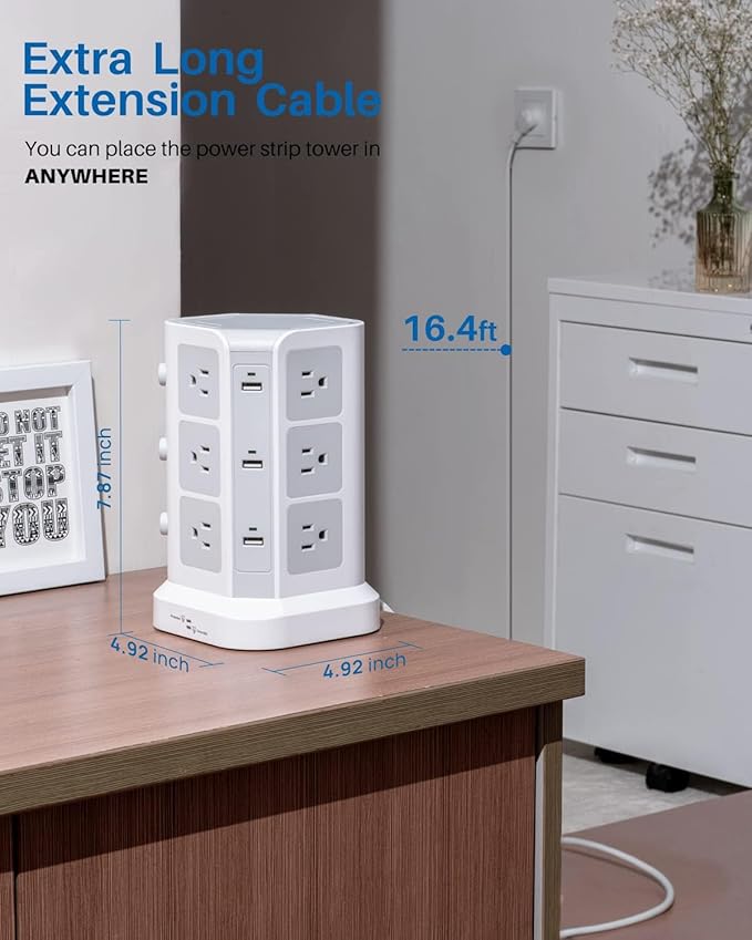 Surge Protector Power Strip Tower, KOOSLA 16.4 FT Extra Long Cord Flat Plug - [15A 1500J] Heavy-Duty 12 Widely Multiple Outlets & 6 USB Charging Station for Home, Office, Dorm White