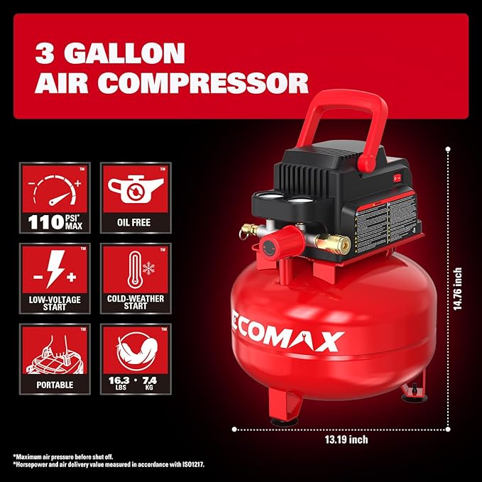 Air Compressor 3 Gallon Portable Pancake Tank Oil-free, 110 PSI MAX Pressure and 1/3 HP for Car and Bike Tires, Nail Gun, and Pneumatic Tools, Garage, Shop or Mechanic Accessories