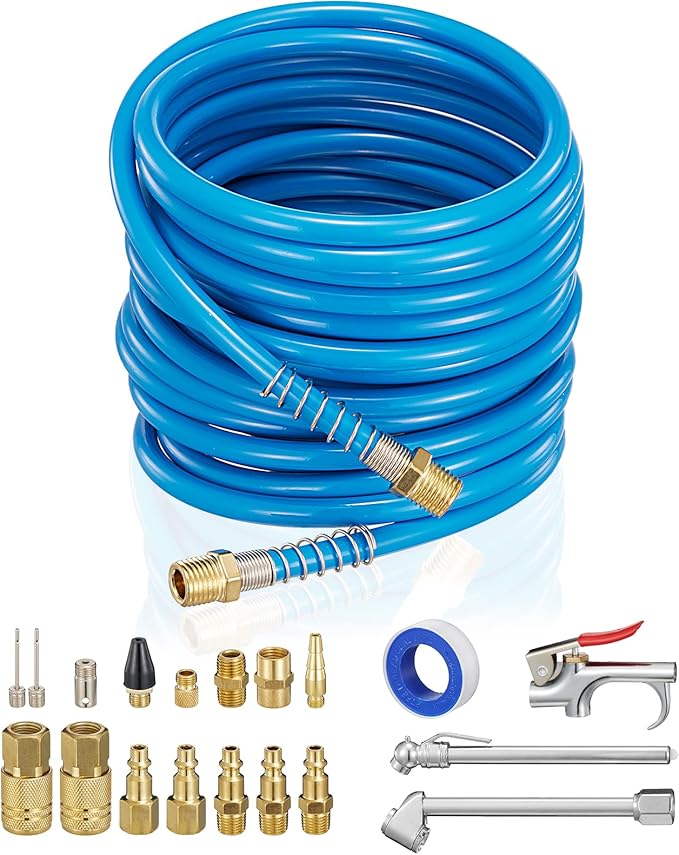 1/4'' Quick-connect Air Accessory Kit - Pneumatic Air Compressor Hose Tool Set Including 25ft. Coiled Hose, Blow Gun, Tire Gauge, Air Nozzle, Air Compressor Accessories for Air Inflation and Dedusting