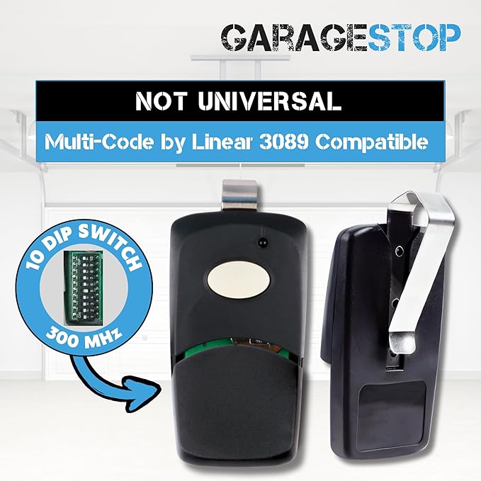 Garage Stop Garage Door Opener Remote for Linear Multi-Code 3089 308911 MCS308911, 10 dip Switch Gate Opener Remote 300MHz, Garage Clicker Replacement, (Black)