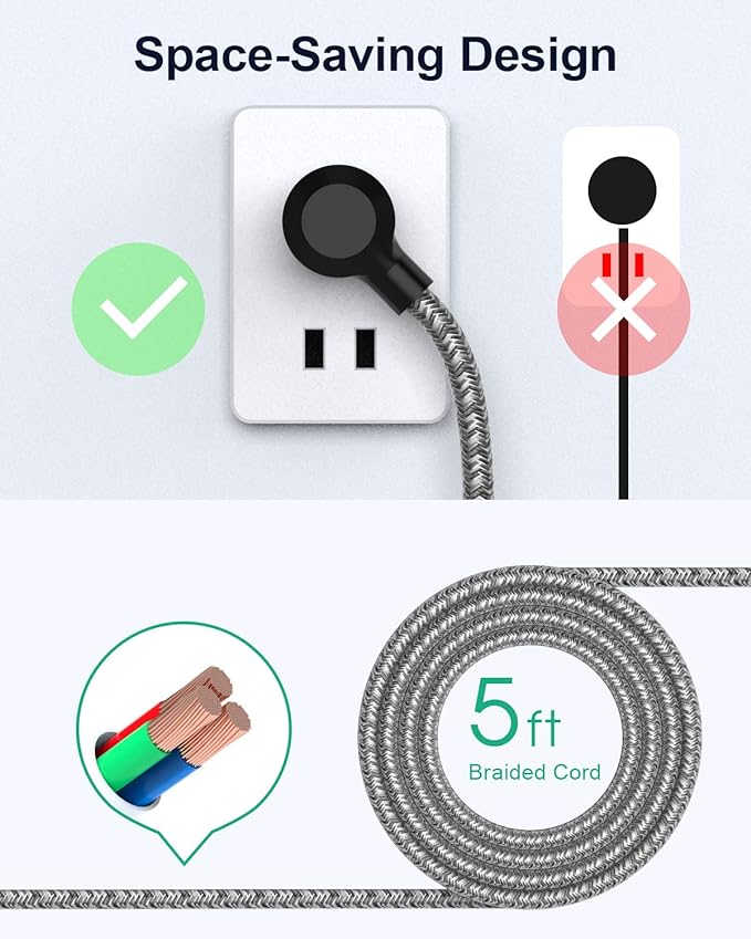 2 Pack Surge Protector Power Strip with 6 Outlets 2 USB Ports 5-Foot Long Heavy-Duty Braided Extension Cords Flat Plug 900 Joules 15A Circuit Breaker Wall Mount for Home Office ETL Listed