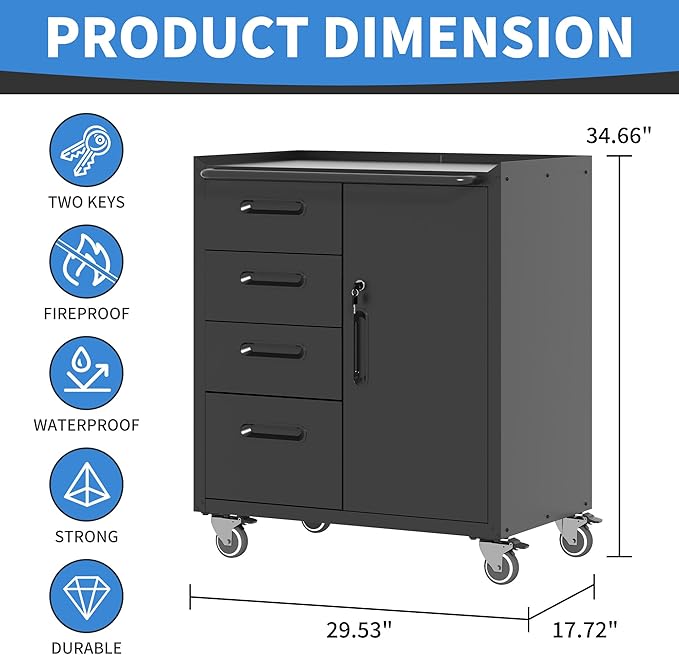 Metal Storage Cabinet with Wheels, Garage Storage Cabinet with 1 Door and 4 Drawer, Rolling Tool Storage Cabinet, Assembly Required, Black