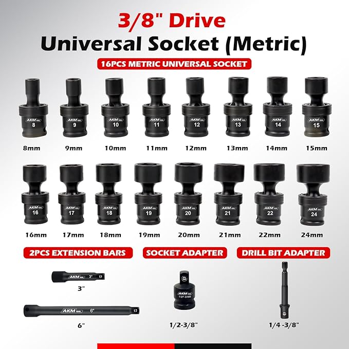 3/8" Drive Universal Impact Socket Set, 20 Piece Swivel Socket Set, Universal Joint Socket 6-Point, Metric, 8-22mm, Cr-Mo,with Extension Bars, Socket Adapter, Drill Bit Adapter
