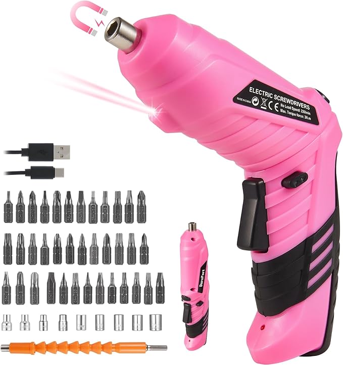 Pink Cordless Electric Screwdriver Set, 4.1V Rechargeable Small Electric Drill with 48pcs Driver Bit Set, Power 3Nm Screw Gun with 2 Position Handle, Flexible Shaft LED Light for Women