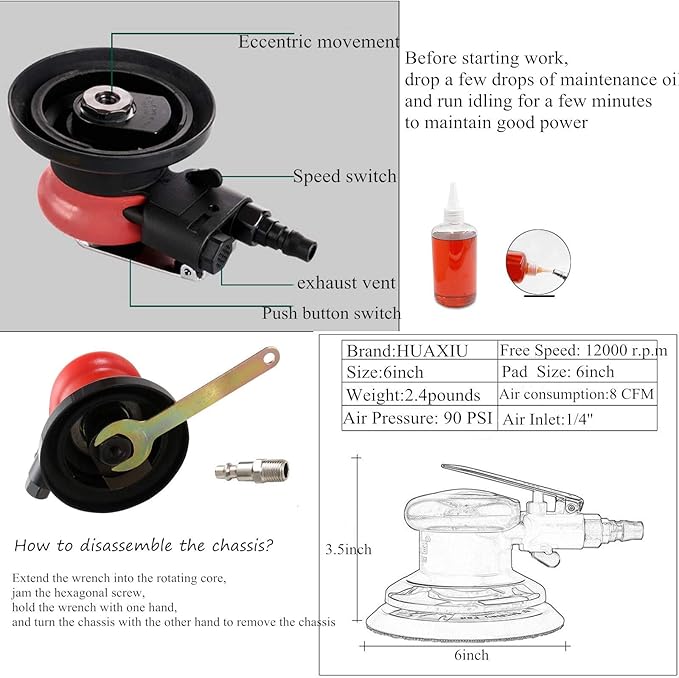 Professional Air Random Orbital Sander, Heavy Duty Dual Action Pneumatic Palm Sander (6 inch, Red)