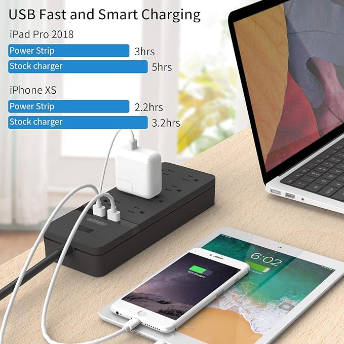 25 ft Extension Cord Flat Plug, NTONPOWER 8 Outlet Surge Protector Power Strip with USB Ports, 15A Circuit Breaker, Wall Mount Surge Protector for Home, Office, Workbench or Garage, ETL Listed, Black