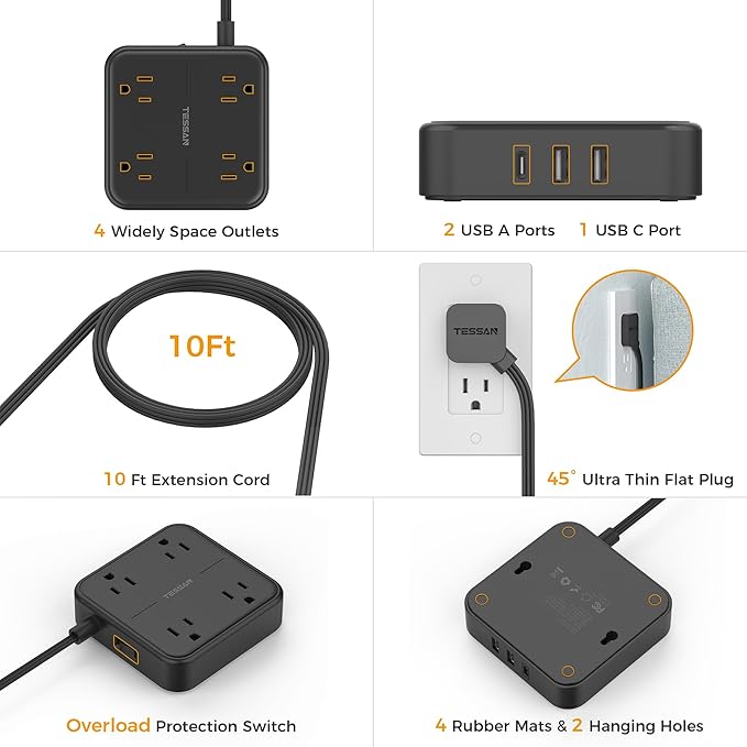 Flat Extension Cord 10 ft, TESSAN Ultra Thin Power Strip, Black Extension Cord with 3 USB Wall Charger(1 USB C Port), 4 Widely Spaced Outlets Compact for Home, Office, Cruise Ship Essentials
