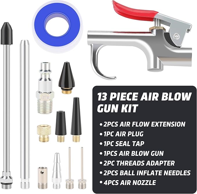 WYNNsky Air blow Gun Kit, 2PCS Air Flow Extensions, 4PCS Nozzle Tip, 13PCS Air Compressor Accessories Kit