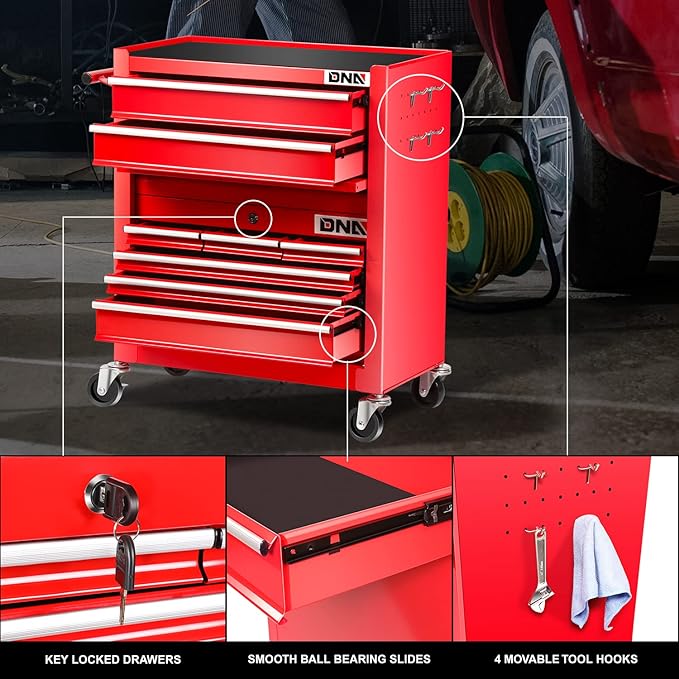 DNA MOTORING TOOLS-00265 2 Pcs Combination Tool Rolling Cabinet 2-in-1 Detachable Toolbox Organizer Chest High Capacity Storage with Locking System, Red