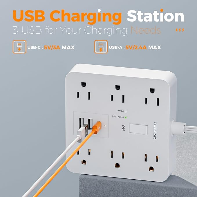 Surge Protector Power Strip with1700 Joules Protection, TESSAN 5FT White Extension Cord with 6 AC Outlets, 3 USB Ports(1 USB C), Multiple Outlets Flat Plug Power Strip, for Home Office Dorm
