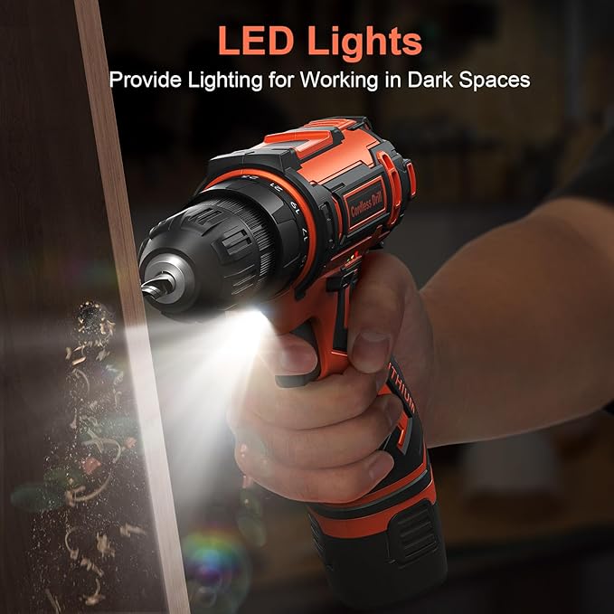 Cordless Drill Set,12V Power Drill Driver 3/8" Keyless Chuck with 42 Acessories, Built-in LED Light, 25+1 Position, Electric Drill for Home DIY Projects (Orange)