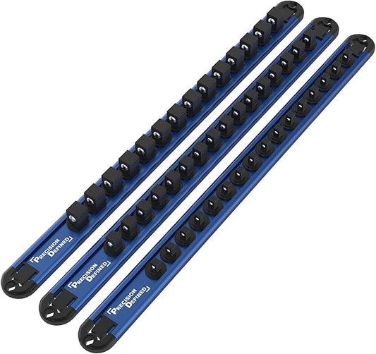 Precision Defined Aluminum Tool Socket Holder 3-Piece Set | Blue, 1/4-Inch x 16 Clips, 3/8-Inch x 16 Clips, 1/2-Inch x 14 Clips | 360 Rotation - Heavy Duty Socket Rails Organizer, Socket Storage