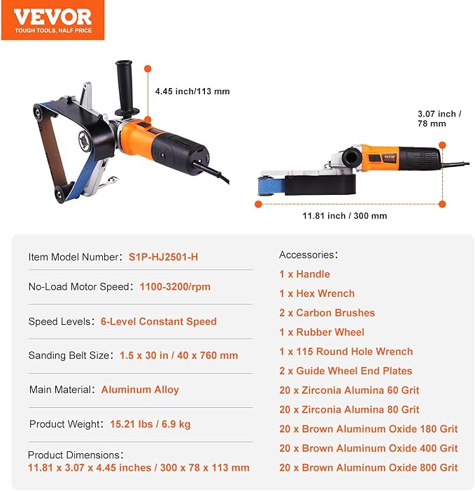 VEVOR Pipe Tube Polisher Sander, 1000W Pipe Belt Sander with 6 Variable Speeds 1100-3200rpm, Professional Belt Sander Grinding Machine with 100PCS Sanding Belts for Burnishing Finishing Rust Removal