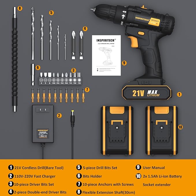 21V Cordless Drill with 2 Batteries and Charger,3/8-Inch Keyless Chuck Power Drill Set,2 Variable Speed Electric Drill Driver, 19 Torque Setting with Drill/Driver Bits