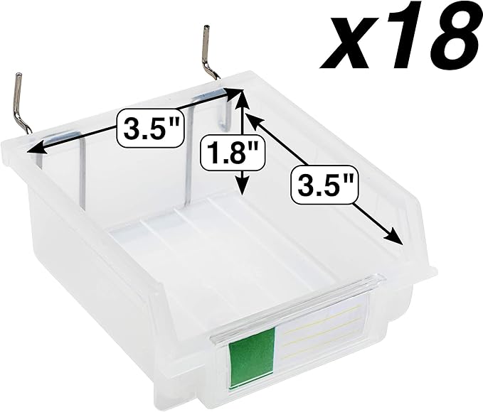 Pegboard Bins – 18 Pack Clear - Hooks to Any Peg Board - Organize Hardware, Accessories, Attachments, Workbench, Garage Storage, Craft Room, Tool Shed, Hobby Supplies, Small Parts