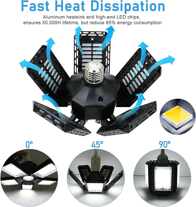 2Pack LED Garage Lights, 160W 16000LM LED Garage Ceiling Light 6500K LED Shop Light With 5+1 Deformable Panels, Screw in E26/E27 Socket LED Bulbs for Garage Basement Workshop Warehouse Barn Attic
