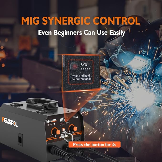 MIG Welder,2 in 1 Flux core/Stick Welder,130Amp 110V Gasless MIG Welding Machine with Synergy IGBT Inverter Welder Portable Wire Feed Welder