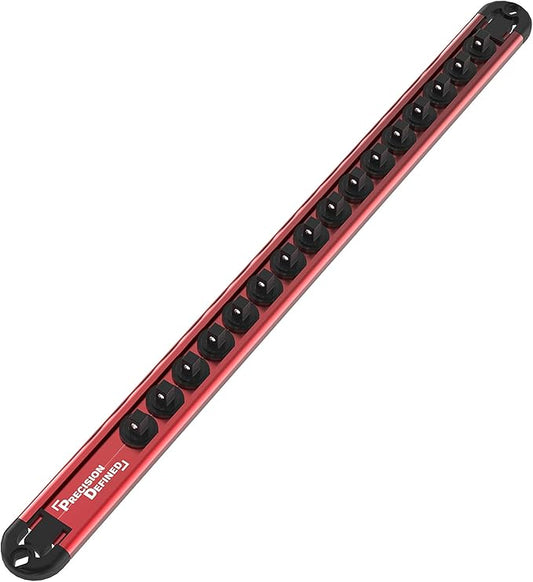Precision Defined Aluminum Tool Socket Holder | Red, Single 1/4-Inch Socket Organizer x 16 Clips | Heavy Duty Socket Rails Organizer, Socket Storage, Socket Tray 360 Rotation
