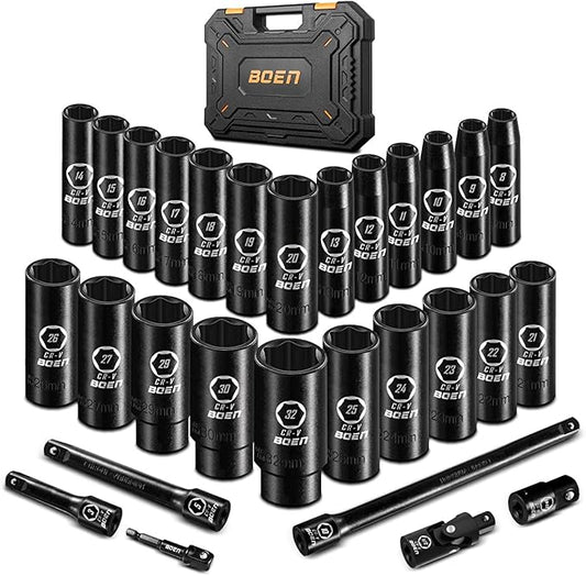 boen 29PCS 1/2” Drive Metric Socket Set, Impact Deep Socket(8mm-32mm), 6 Point Lug Nut Socket for Auto Repair with Portable Case, CR-V Steel