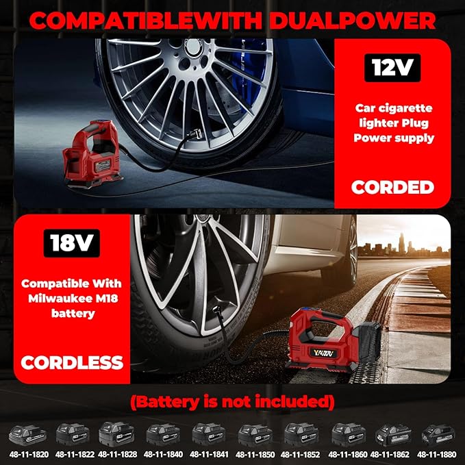 Cordless Tire Inflator Air Compressor for Milwaukee M18 Battery, 160PSI Portable LED Light Handheld Air Pump with Digital Pressure Gauge for Cars Motorcycles Bikes Sport Balls(Battery Not Included)