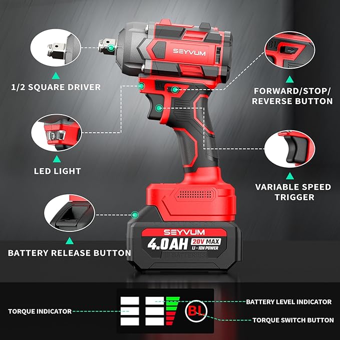 SEYVUM Cordless Impact Wrench, 1/2” Max Torque 440 Ft-lbs / 600 N.m Power Impact Gun, 20V 3000RPM Electric Impact Driver, 2 x 4.0Ah Battery, 5 Impact Sockets, 8 Dirlls & 6 Screws, Carry Bag Included