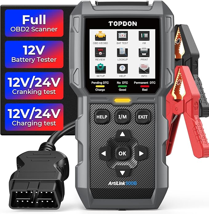 TOPDON AL500B OBD2 Scanner Battery Tester 2 in 1 Code Reader, Full OBDII Diagnosis, 12V Battery Tests & 12V/24V Cranking Tests, Charging Tests, Scan Tool, Car Diagnostic Tool for All OBDII Cars