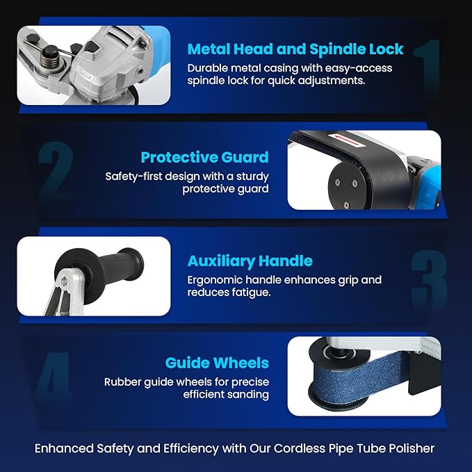 NEWTRY Cordless Pipe Tube Polisher Sander, Stainless Steel Belt Grinding Machine,400W Brushless Motor, 4.2-6.2m/s Adjustable Speed with Spared Rechargeable Battery & 8 PCS Sanding Belts
